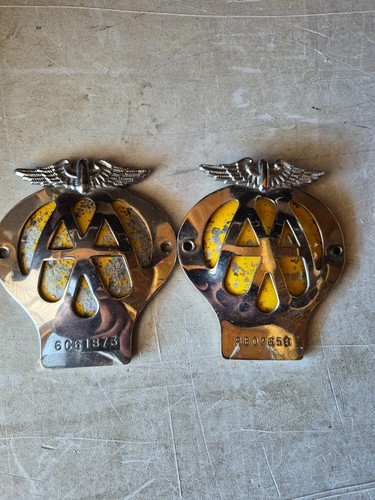 Pair vintage car badges - aa,